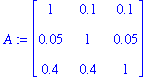 A := matrix([[1, .1, .1], [.5e-1, 1, .5e-1], [.4, .4, 1]])