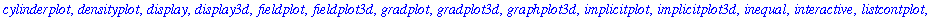 [animate, animate3d, animatecurve, arrow, changecoords, complexplot, complexplot3d, conformal, conformal3d, contourplot, contourplot3d, coordplot, coordplot3d, cylinderplot, densityplot, display, displ...